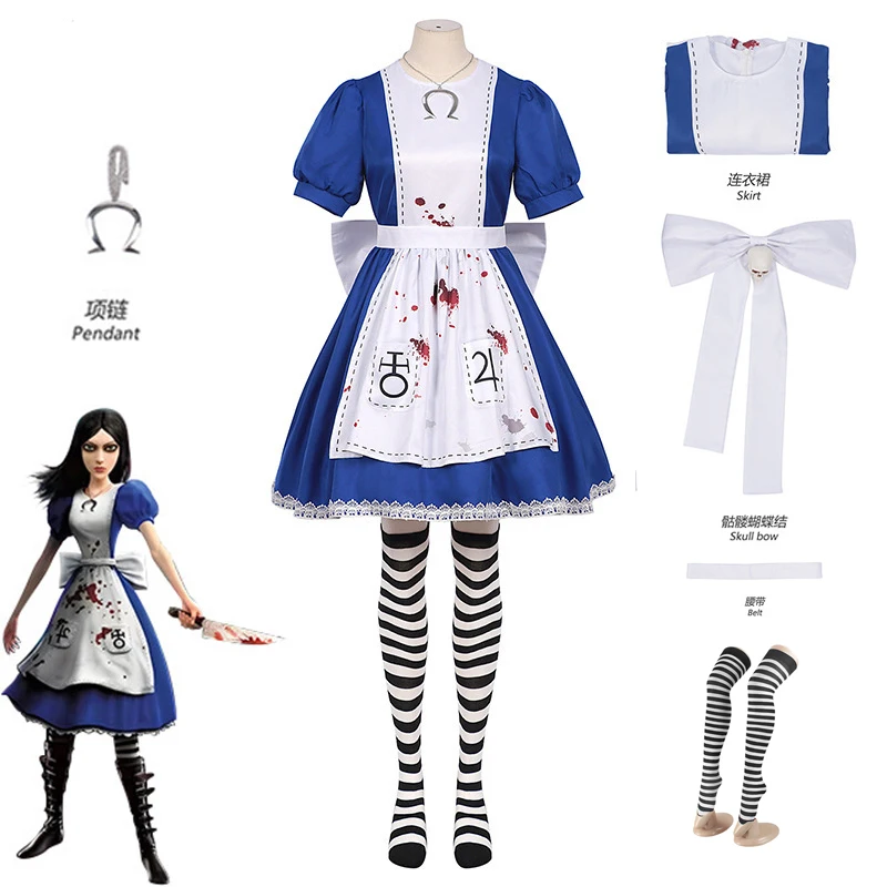 ANIMECC op Voorraad XS-XXL Alice Madness Returns Cosplay Ketting Pruik Sokken Game Alice Maid Dress Halloween Party Outfits voor Vrouwen