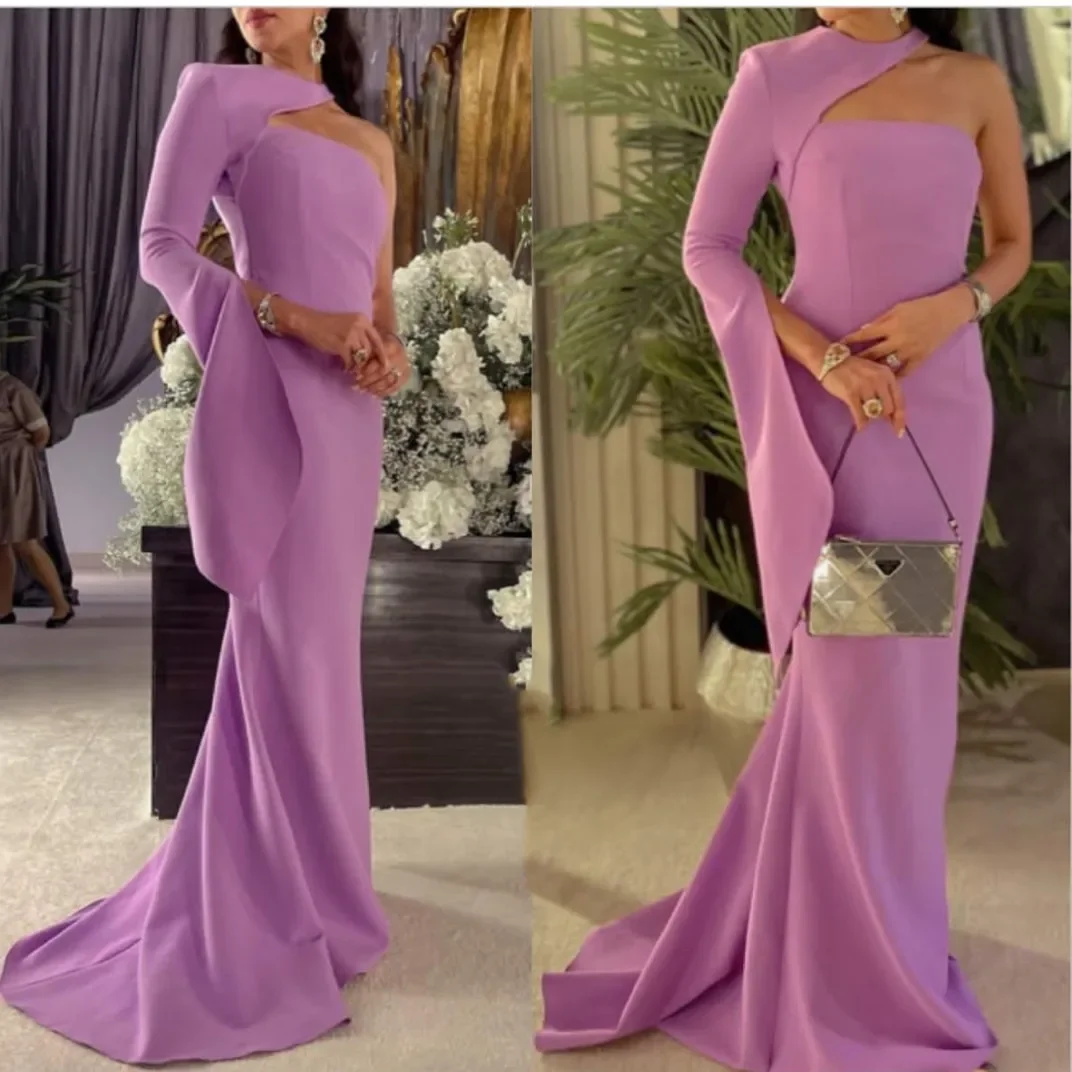

Customized Long Lilac Crepe Prom Dresses Mermaid One Shoulder Zipper Back Robe De Soiree Sweep Train Formal Party Gown