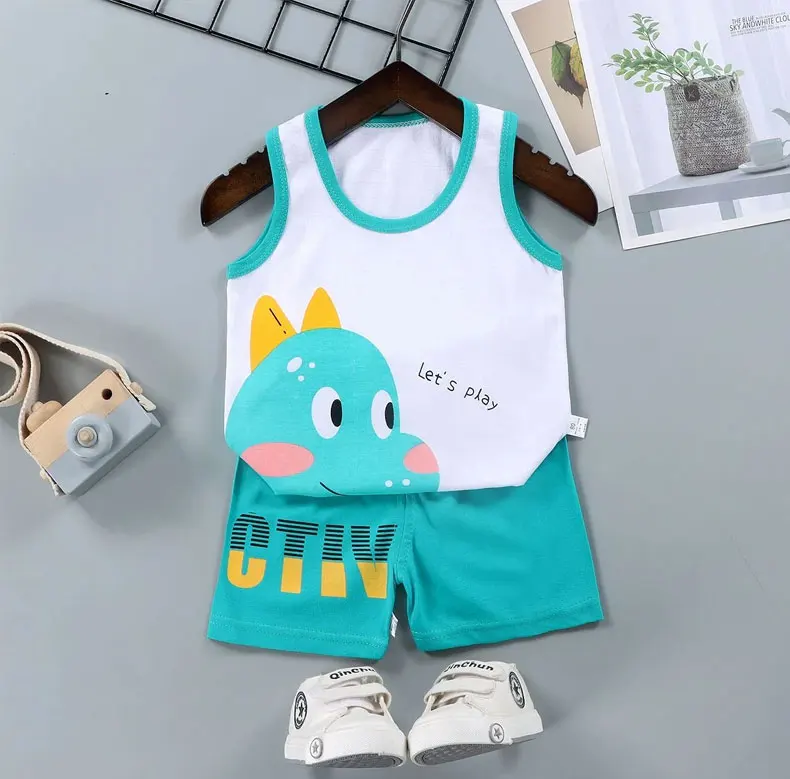 Kinder Sets Kinder Weste Anzug 2PCS Set Sommer Baumwolle T-Shirt Mädchen Shorts Kleidung Kinder Jungen Mädchen Ärmellose Anzug Tragen Tuch – Detail 1