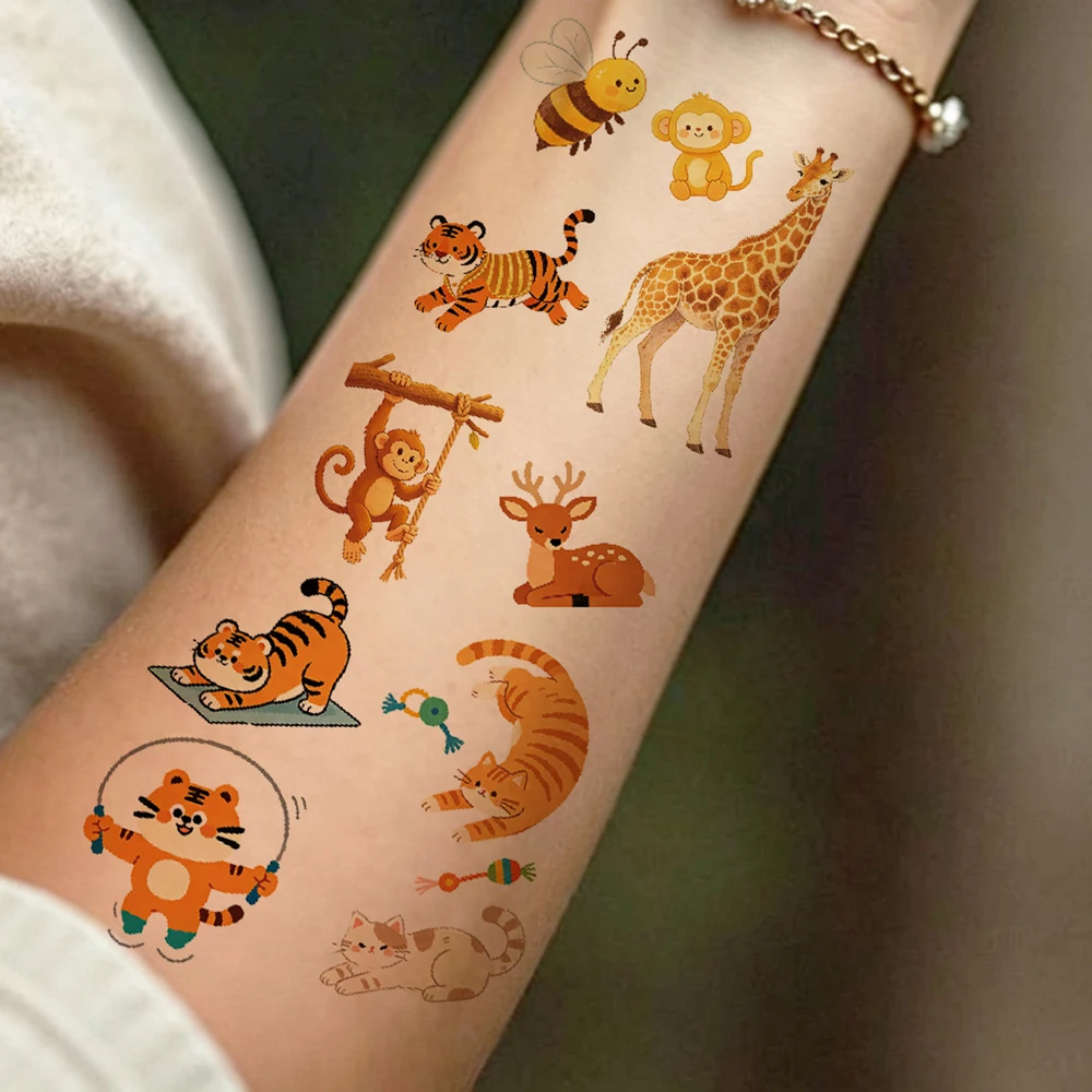 30pcs Cartoon Cute Tattoo Stickers Waterproof Tiger Giraffes Dinosaurs Temporary Tattoos For Women Men Animal Fake Tattoo Body