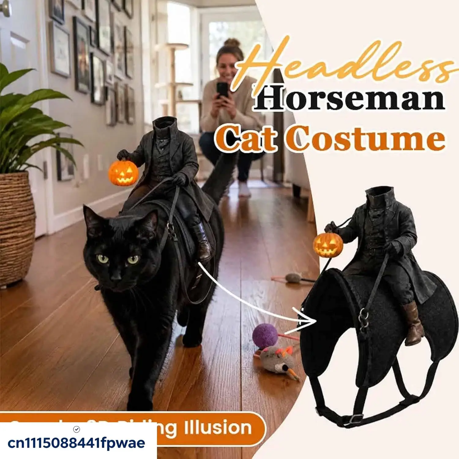 Headless Horseman Cat Costume – Spooky 3D Horse Riding Illusion, Realistic Dark Rider Cosplay Outfit with Magic Tape