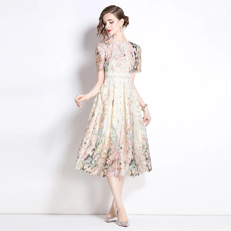 Elegant Vintage Women O Neck Hollow Out Flower Party Dress 2024 New Summer Water Soluble Lace Print High Waist Slim Midi Vestido