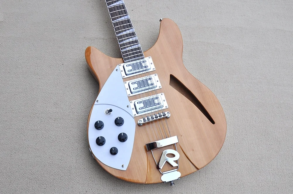 12 Strings Left Hand Semi-hollow Electric Guitar with White Pickguard,Rosewood Fretboard,Natural Wood Cplor