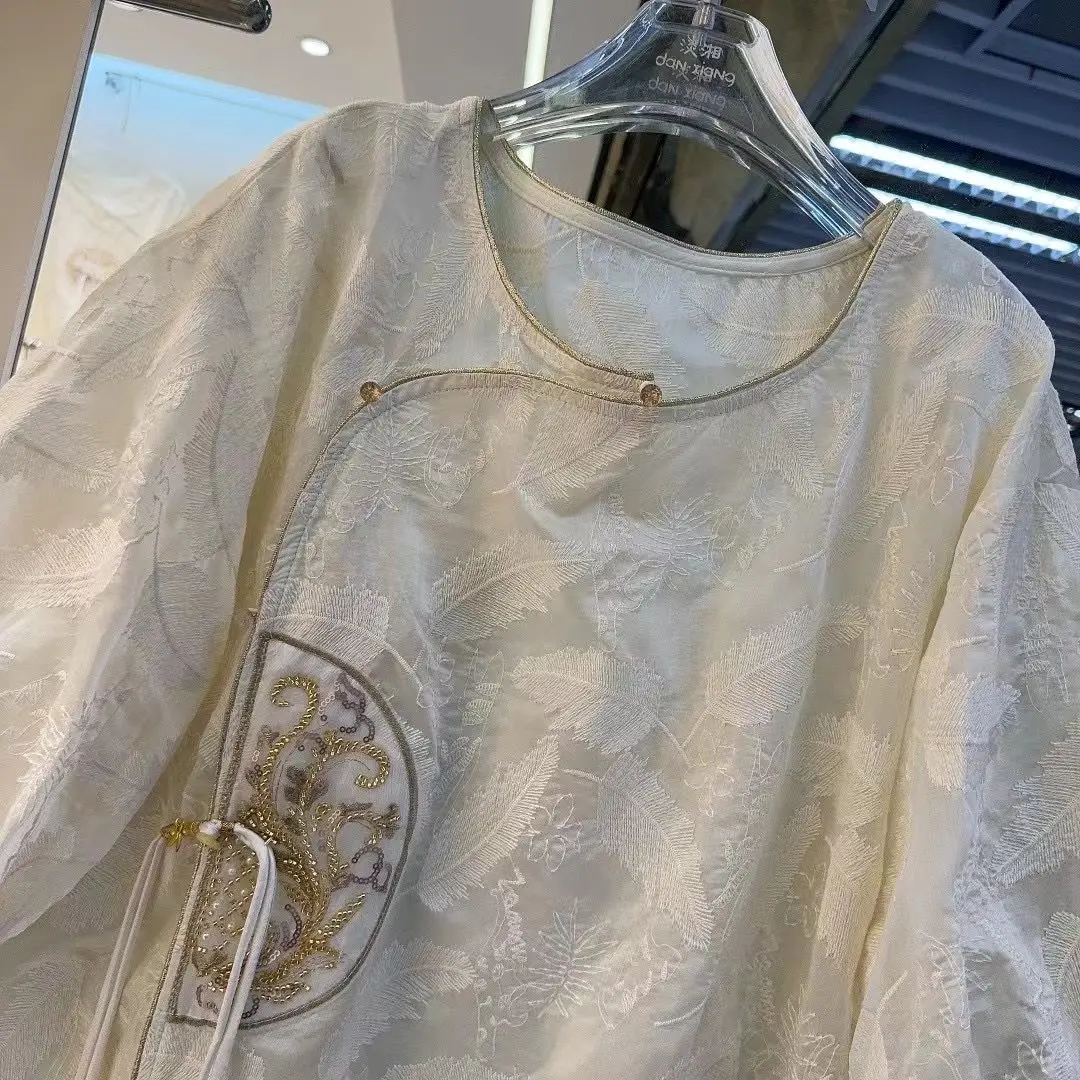 Floral Embroidered Jacquard Blouses Women Round Collar Loose Retro Tops Chinese Vintage Ethinic Style Shirts Oversized