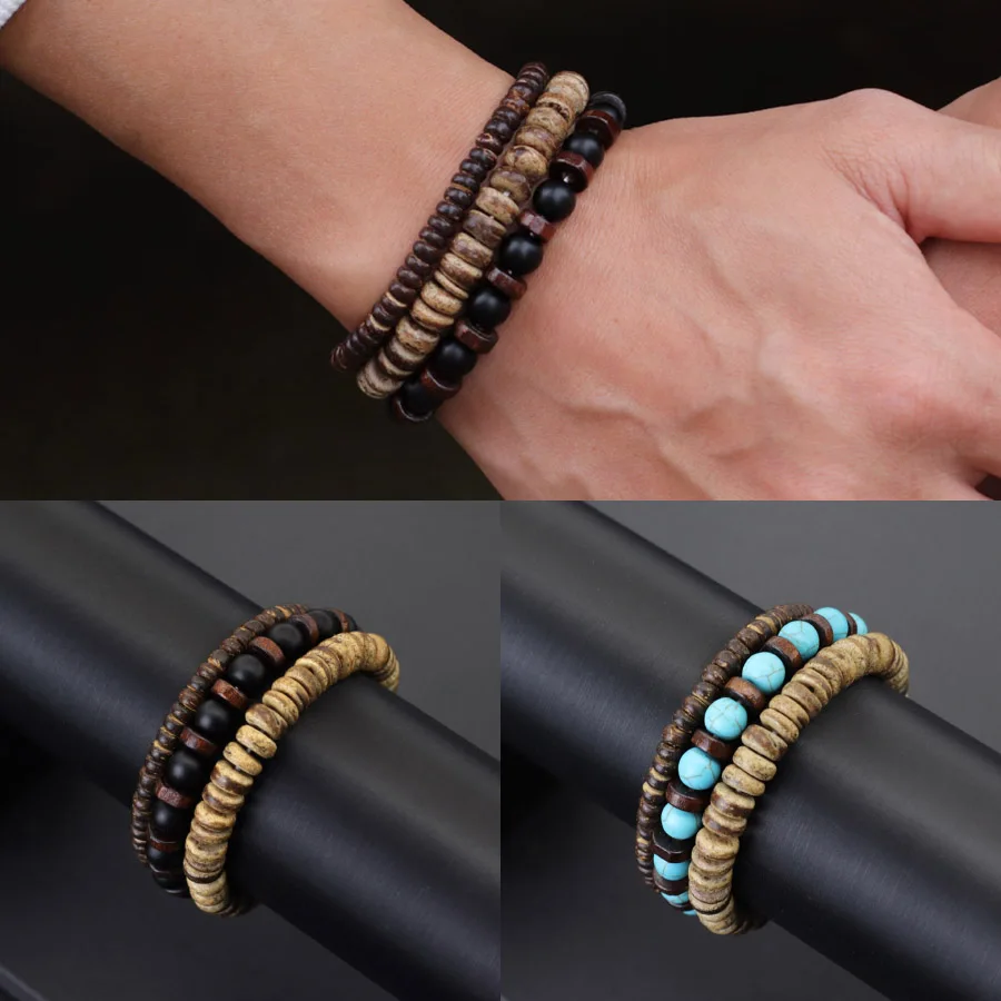 3 pièces coquille de noix de coco Bracelet en bois Homme Turquoises lave yeux de tigre brin Bracelet méditation guérison Braslet accessoires Hombre