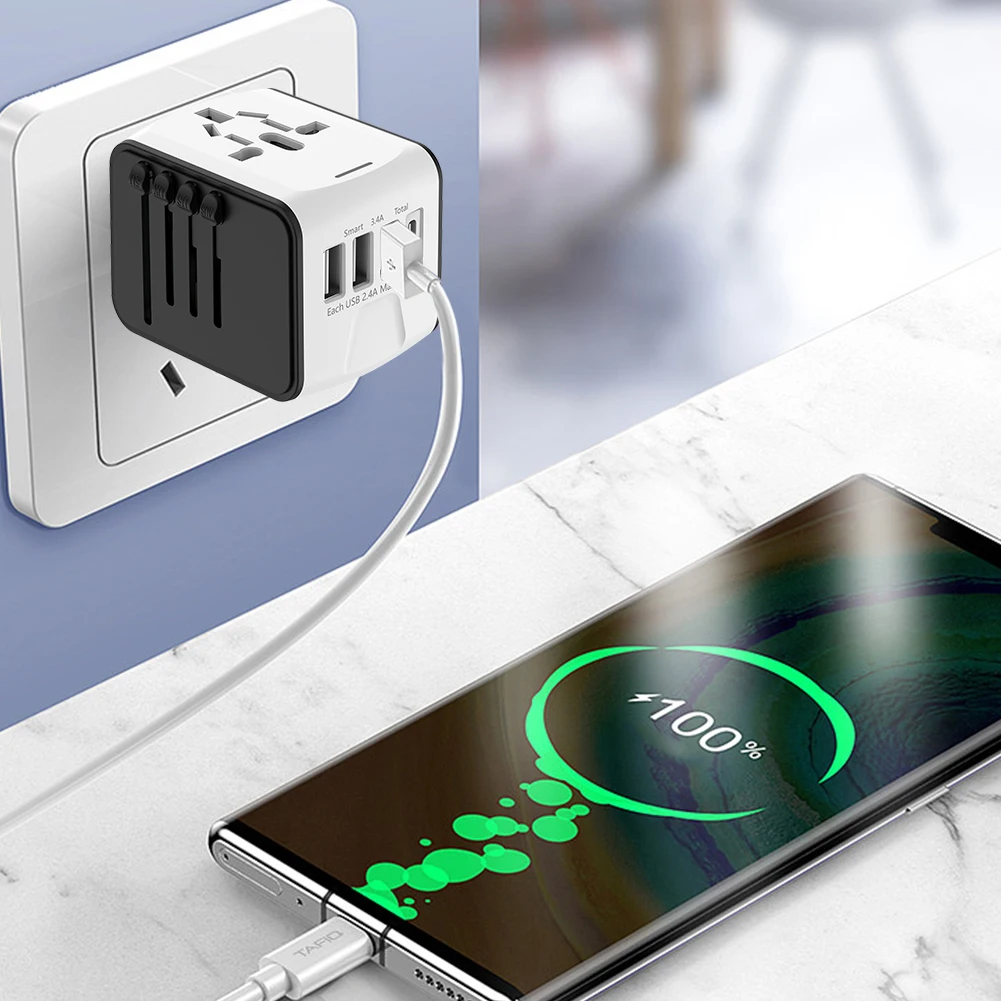 All-in-One Worldwide Wall Charger Portable Socket Converter 3 USB and 1 Type C Ports for for USA EU UK AU Cell Phone Laptop