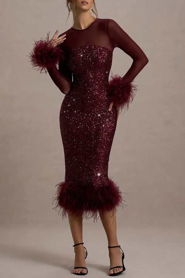 2025 Autumn And Winter Elegant Party Dinner Dress Fashionable Shiny Mesh Splicing Long-sleeved Plush Decorative Slim Long Skirt