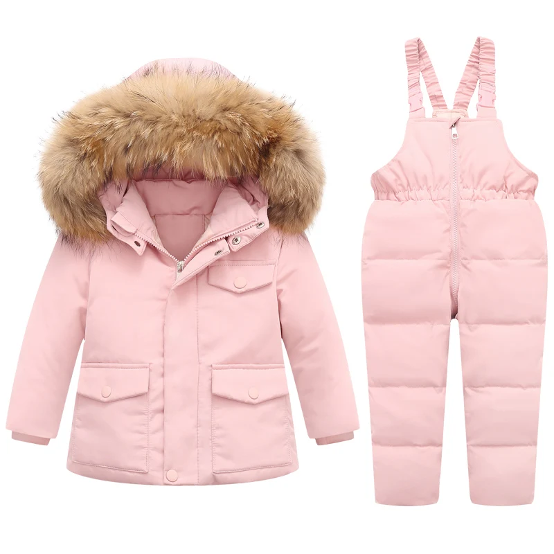 

-30 Degree Russian Children Girls Down Jacket Toddler Kids Jumpsuit Parka Overalls Real Fur Thick Warm Boys Outerwear Coat