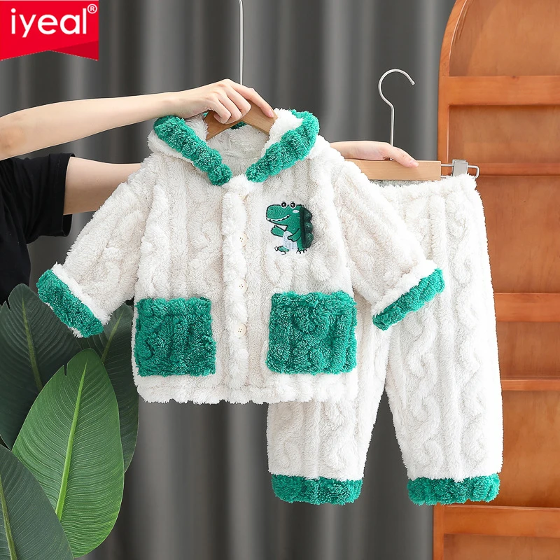 

IYEAL Autumn Winter Children's Thickened Flannel Cartoon Dinosaur Pajamas Baby Boys Girls Warm Pajamas Home Wear