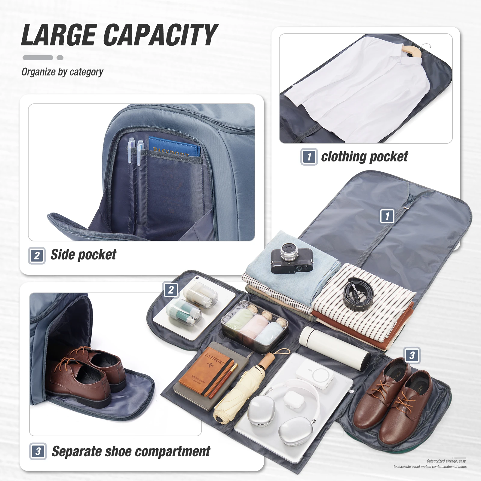 Foldable Travel Bag for Men, Convertible Carry on Duffel Bag, Hanging Garment Suit Bag Business Travel Bag Travel Clothing Bag
