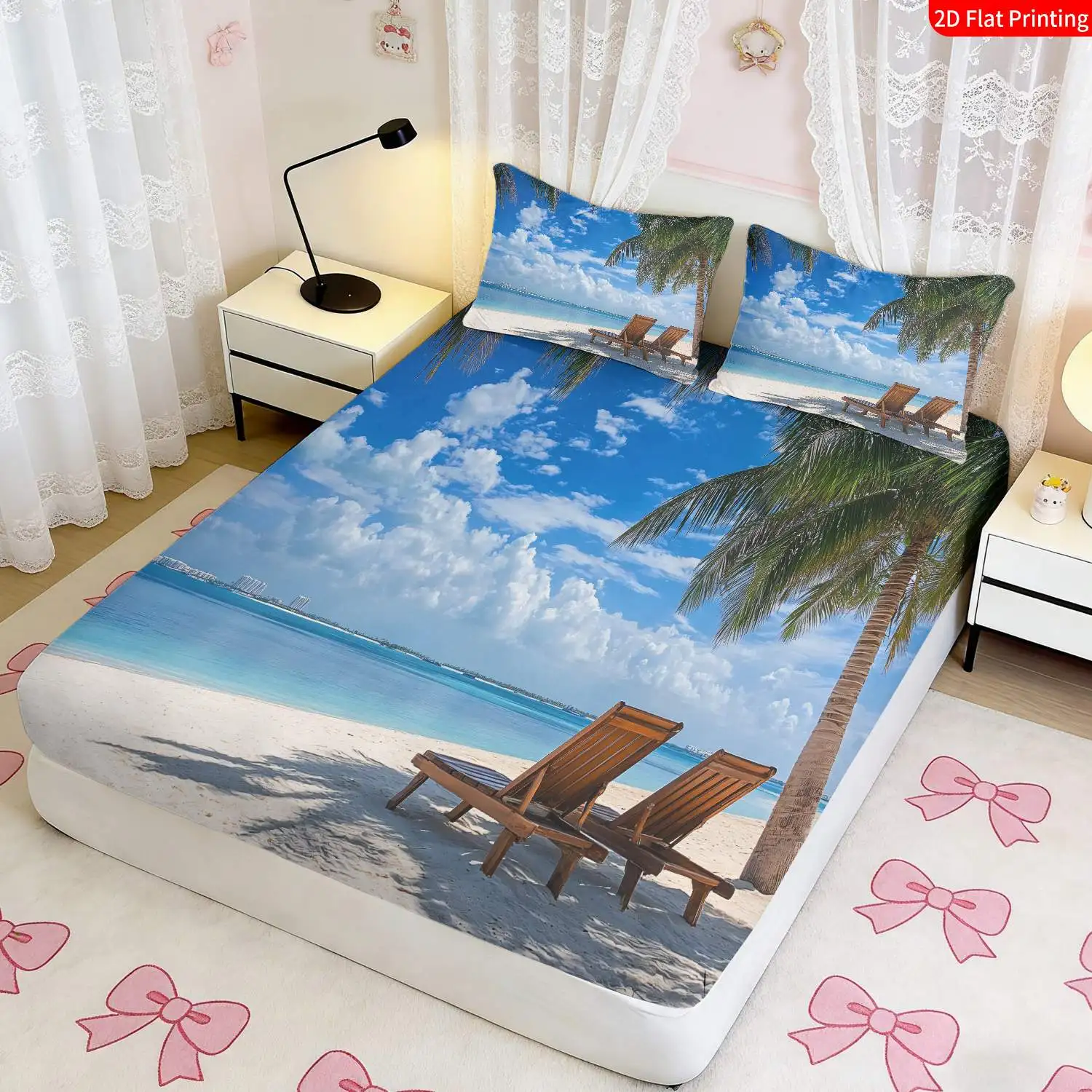 Mattress Protector 2D Flat Printed Bed Sheet with Tropical Paradise Style, Beach-Themed Bedding, Palm Tree and Ocean Wave Print Mattress Cover, Stain-Resistant Mattress Protector. Suitable for All Seasons, Machine Washable, Easy to Care For, Suitable for Home Bedrooms, Essential for Dormitories and Rentals, Master Bedroom Decoration, Dust-Proof and Stain-Resistant, High Elasticity, Fits Various Sizes