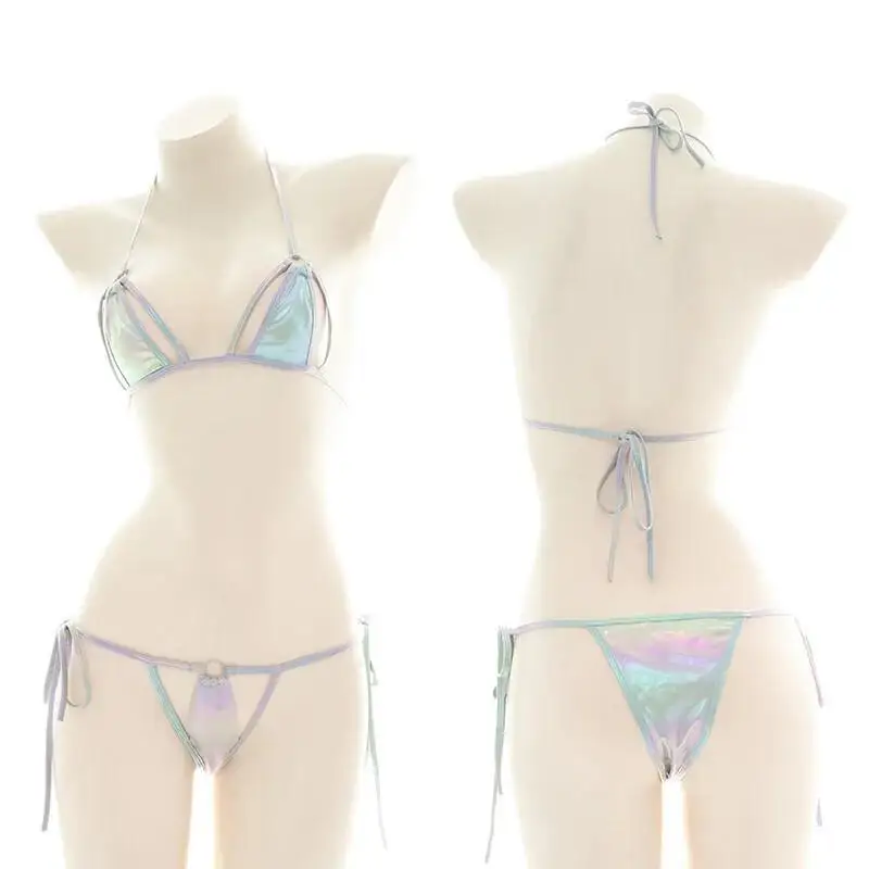 

Women Colorful Laser Holographic Bikini Set Halter Bra Top String Thong Ladies Bathing Suit Beach Brazilian Biquini Cosplay
