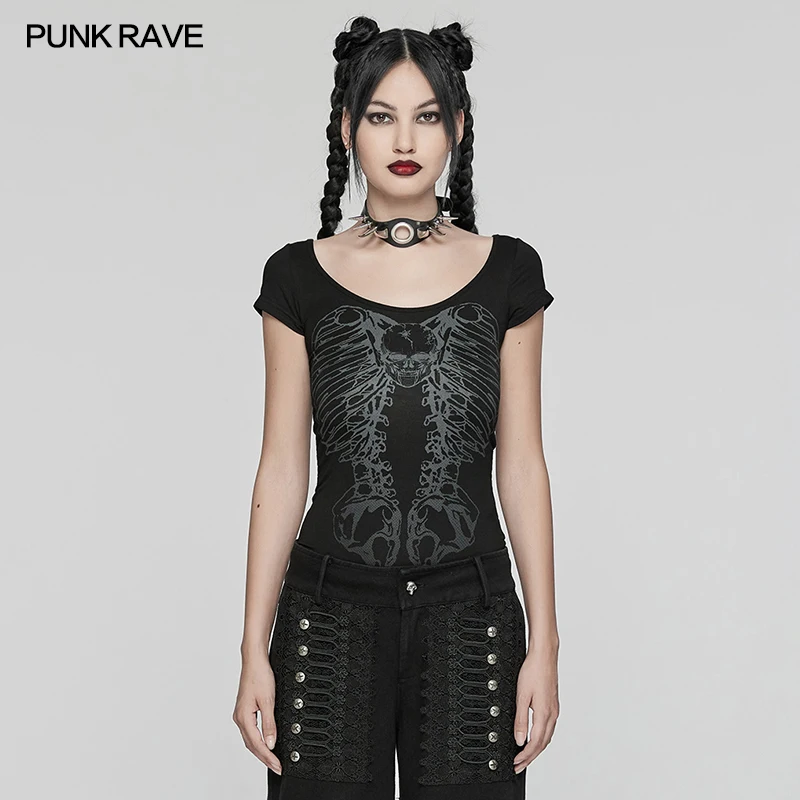 PUNK RAVE Punk Girls Club Hollow-out Summer Black Slim Skull Print T-Shirt Gothic Popular Visual Kei Sexy Cotton Tees Top