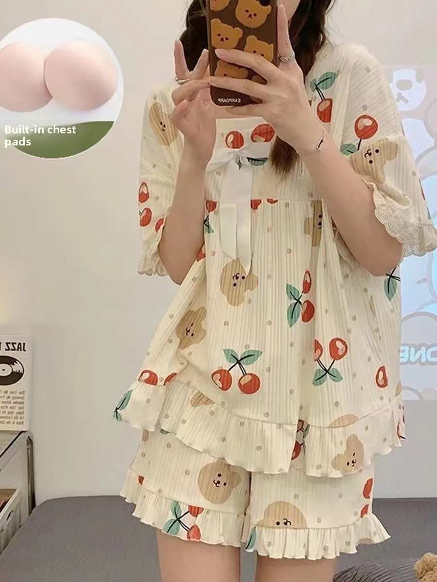 夏の女性用パジャマセット、胸パッド付き薄手半袖ショートパンツ、ホームウェア、漫画のクマ柄、甘くて可愛いスタイルのホームウェア 1