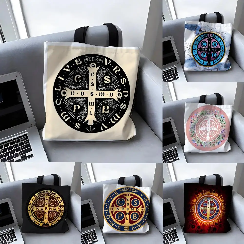 Bolsa de Lona Clásica y Divertida con la Medalla de San Benito, 2 Bolsas de Almacenamiento, Bolsa de Mano Grande de Diseño para Mujer, Bolsas de Compras para Supermercado