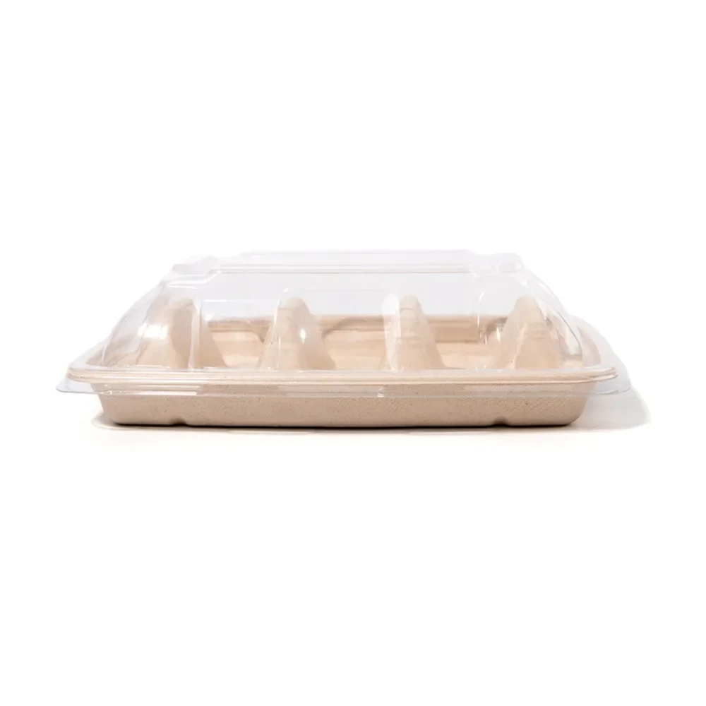 50Pcs 3 Compartments Disposable Taco Plates with Lid Biodegradable Taco Holder Pulp Stackable Taco Serving Tray Restaurant