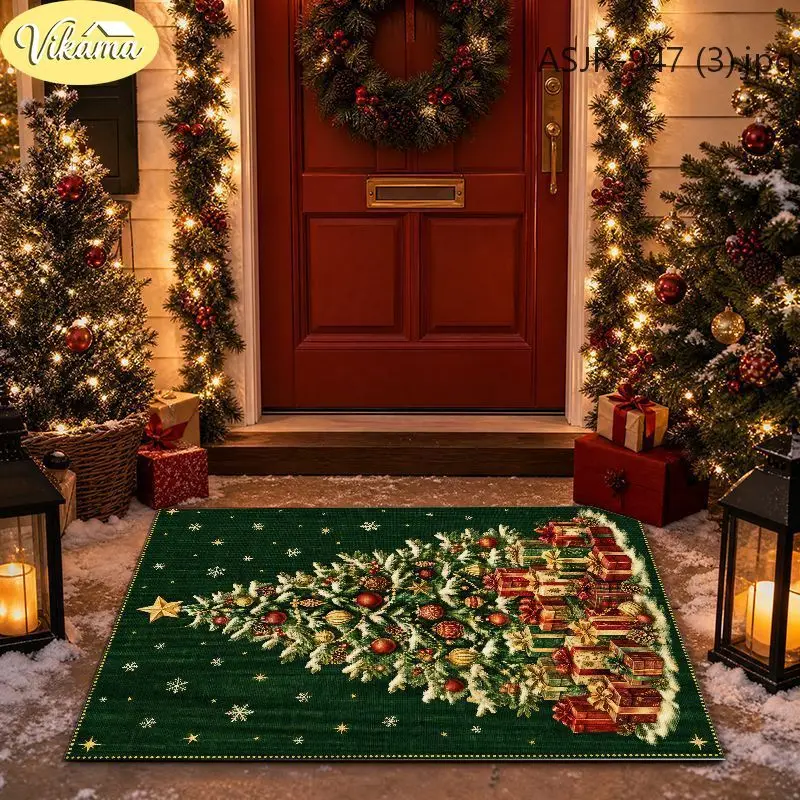 Vintage Christmas Tree Doormat, Non-Slip Absorbent Entry Rug, Retro Indoor Foyer Decorative Mat, Classic Holiday Home Decor