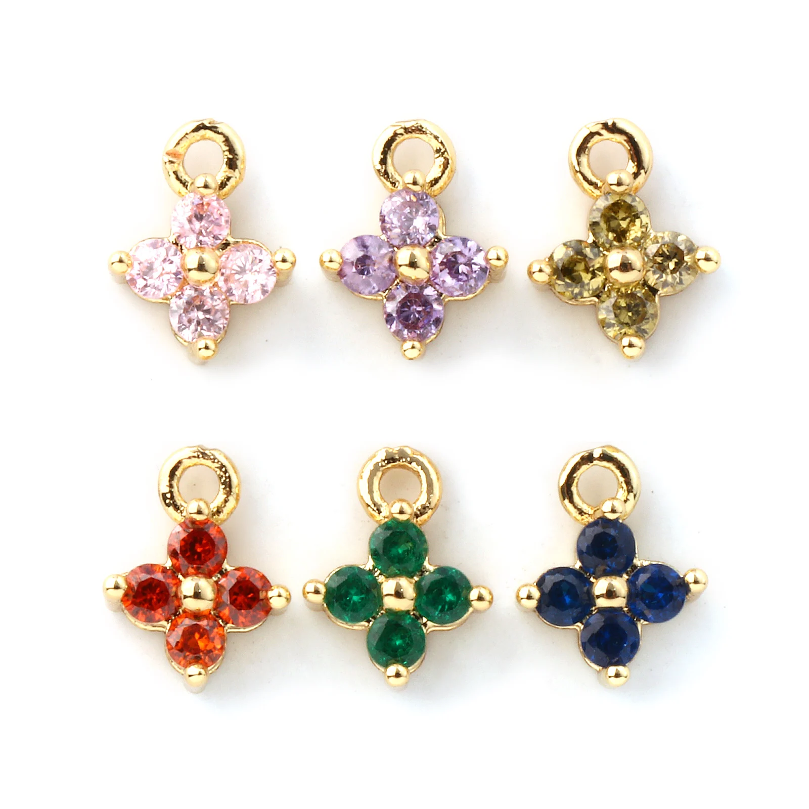5PCs 8Seasons Mini Brass & Cubic Zirconia Pendant For Jewelry Making 18K Gold Plated Flower Micro Pave Charms DIY 8mm x 6mm