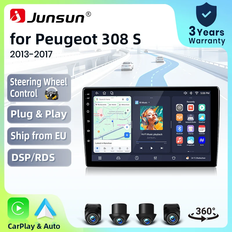 Autoradio Junsun sans fil CarPlay Android Auto pour Peugeot 308 / 308 SW Mk2 (T9) / 408 2013-2017 avec ventilateur de refroidissement intégré, navigation GPS Android, lecteur multimédia, WiFi, DSP, RDS, BT, SWC, écran tactile IPS, autoradio, lecteur vidéo, unité principale stéréo