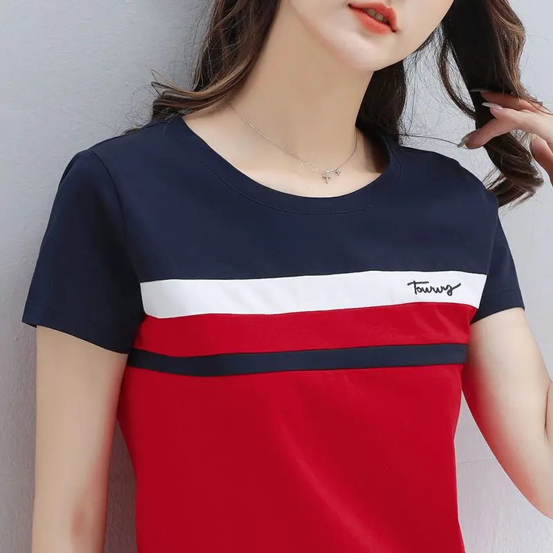 Summer Female New 100% Cotton Embroidered Short-Sleeved T-shirt Women's Fashion Stitching Top Half-Sleeved T-shirt