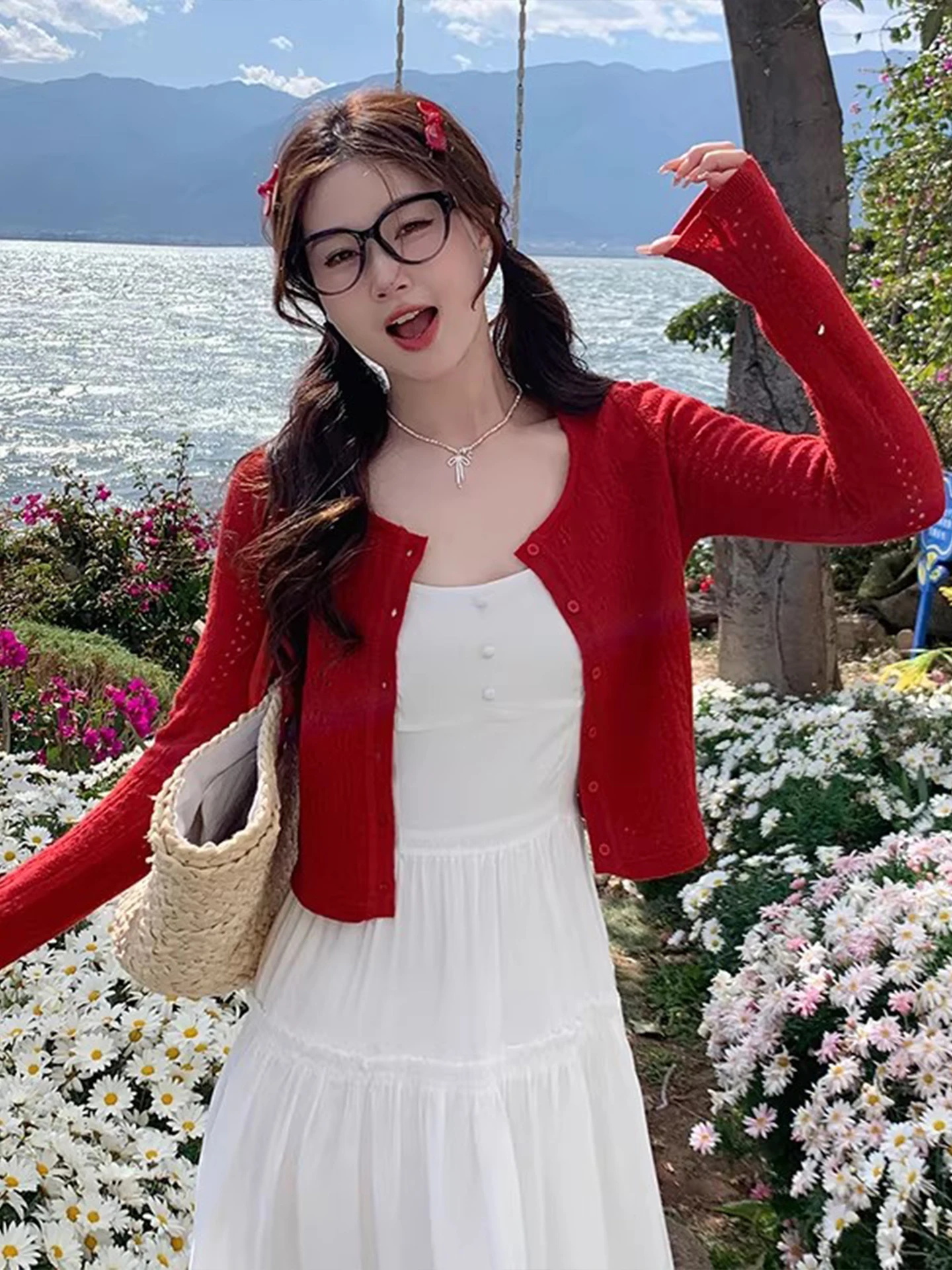 

Retro Red Knitted Open Cardigan Women's Spring Summer Outerwear Hollow out Thin Ice Silk Small Shawl Top with Halter Dress