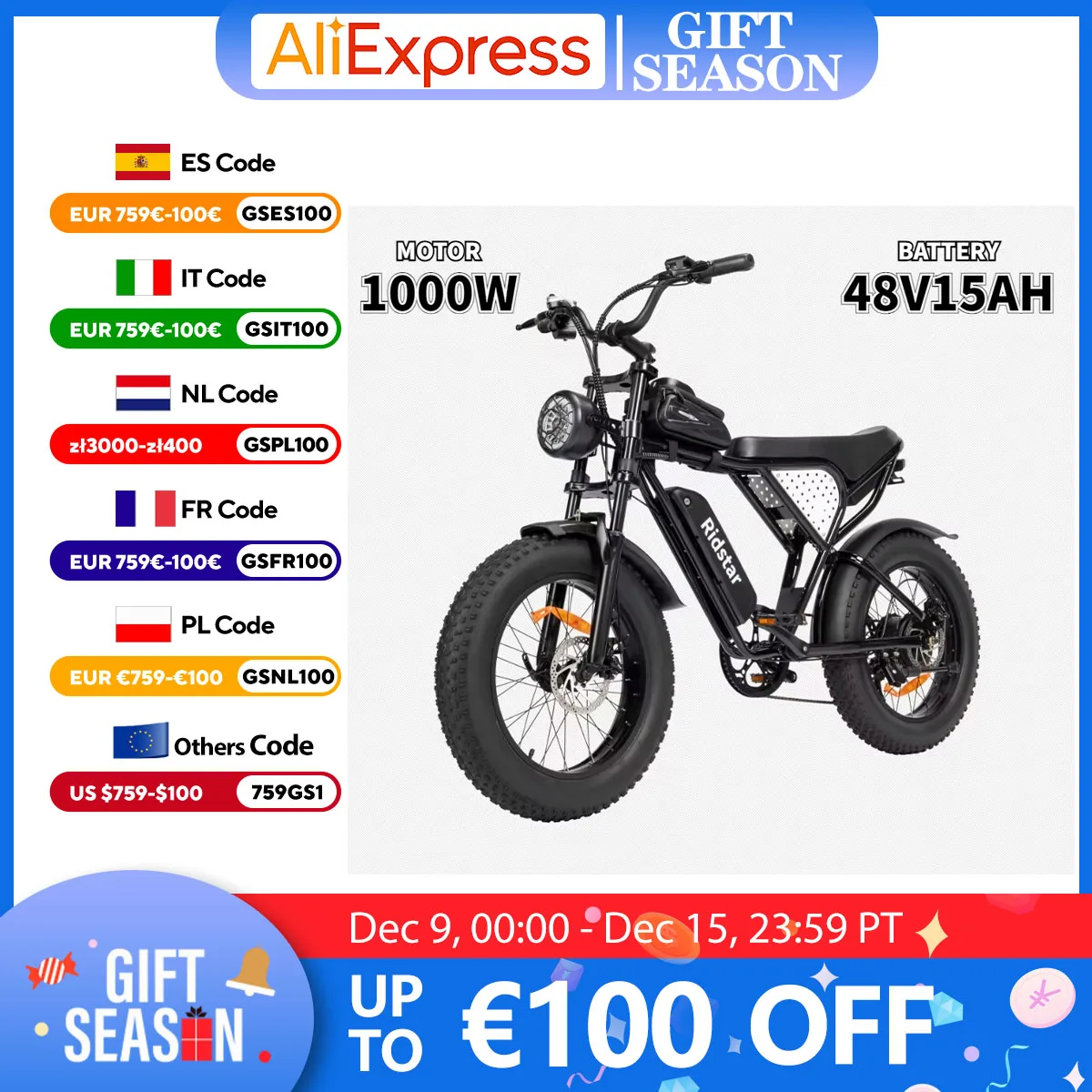 Q20 E Bike 1000W Powerful Motor 48V15AH Lithium Battery Electric Bicycle 20Inch Fat Tire 7-Speed Off-road mountain Electric Bike