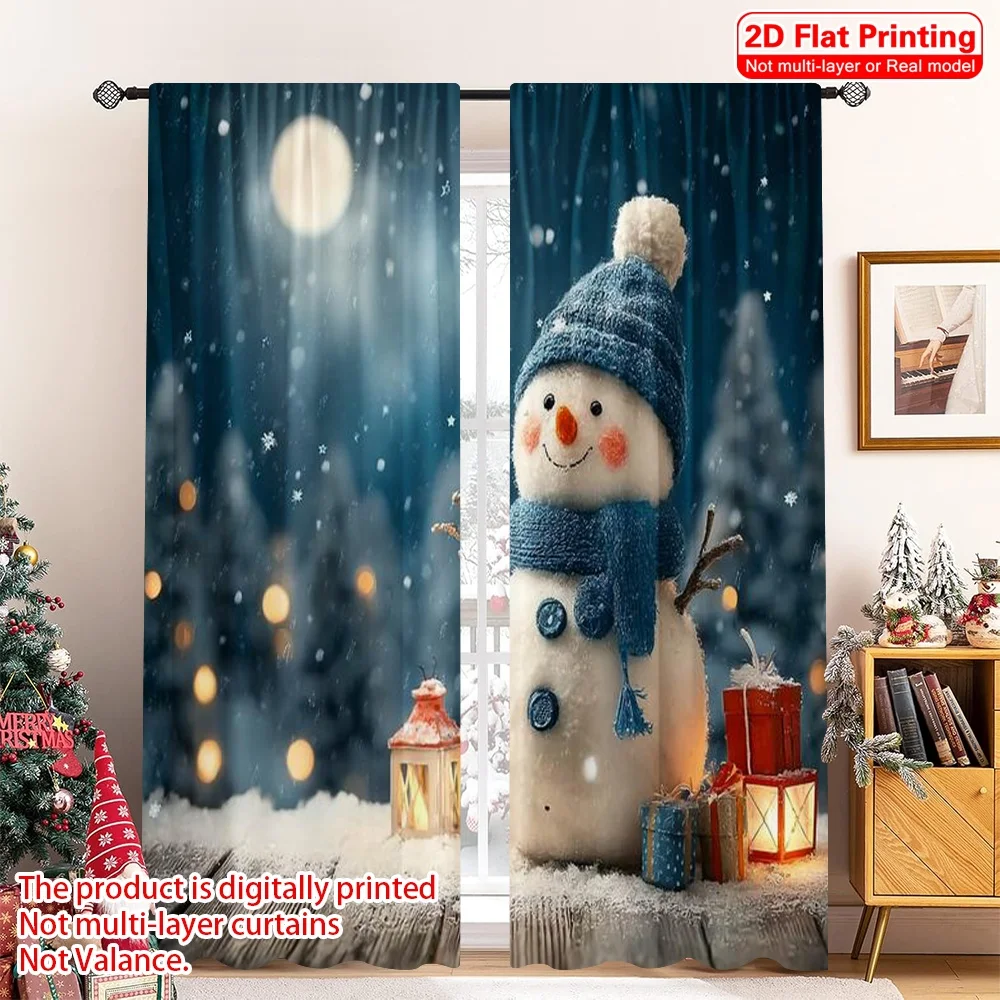

2pcs 2D flat printing Merry Christmas Popular Window Drapes Full moon snowflakes Versatile Durable Polyester Without Electricity