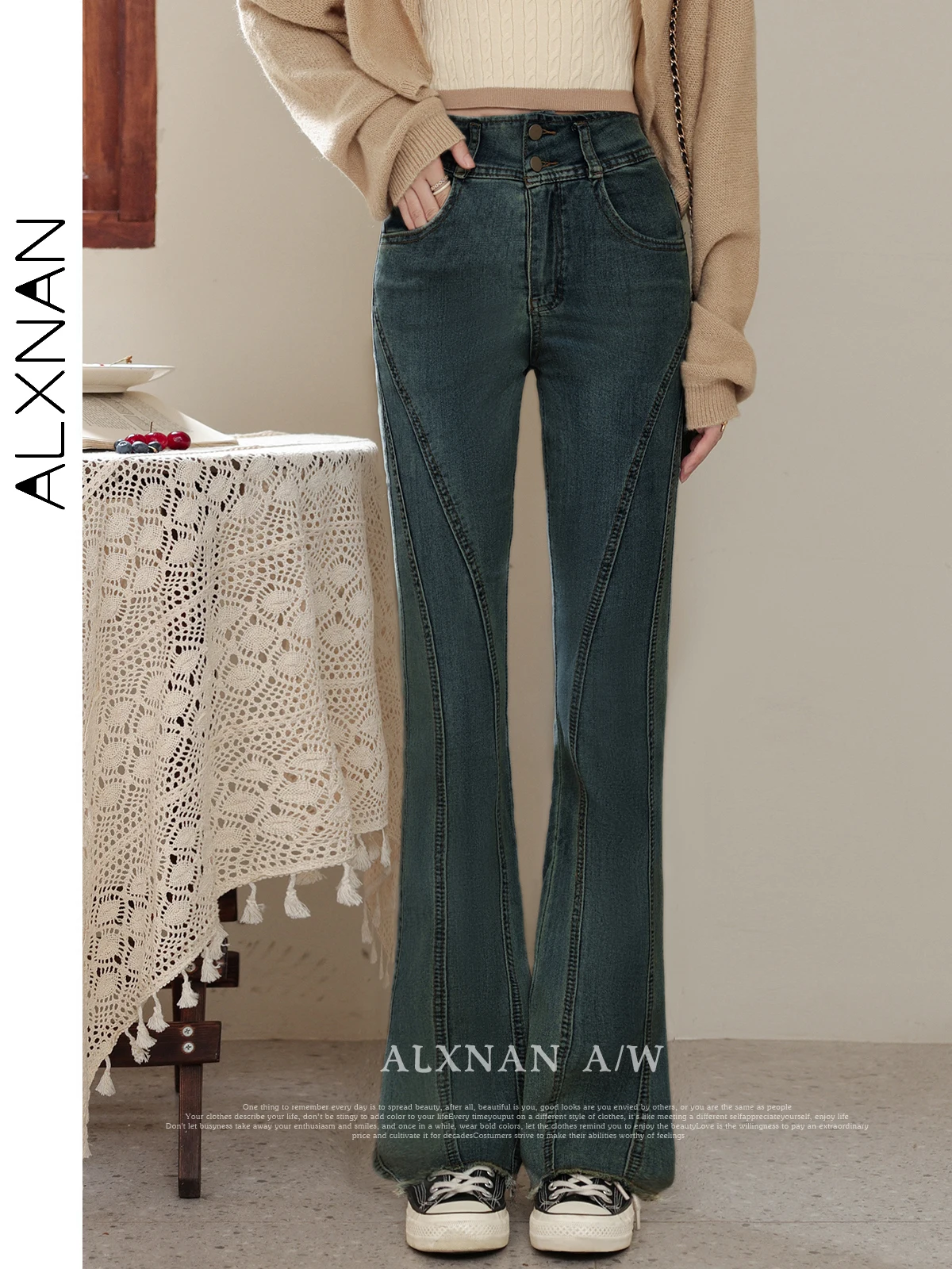 

ALXNAN Women's Vintage Jeans Slim High-waist Double Buttons Flared Jeans New Casual Versatile Commuting Female Pants LXN31159
