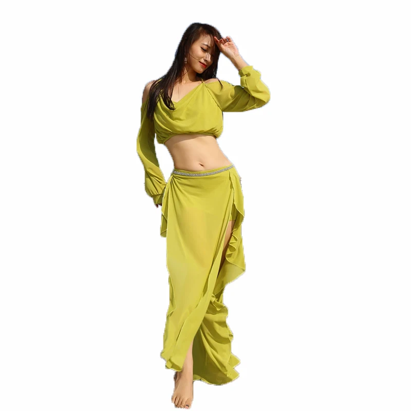 Belly Dance Mesh Costumes Wearing Outfit for Women 2 PCS Set Top Long Skirt Performance Personal Dancing Suit Practice Clothes