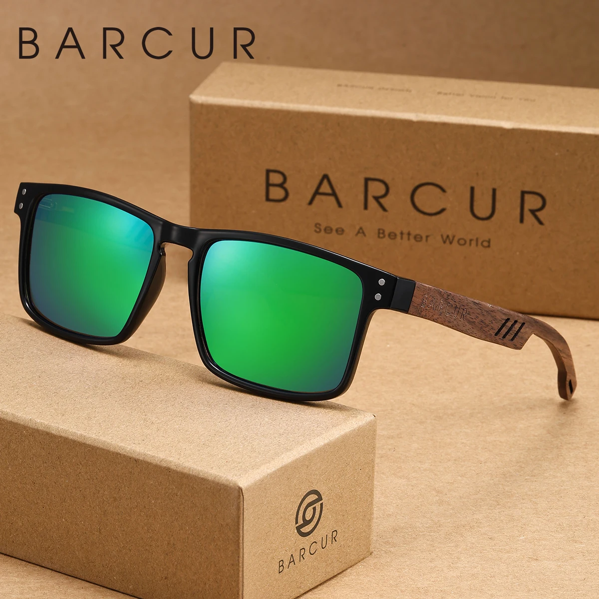 BARCUR Herren-Sonnenbrille aus Naturholz, TAC UV400-Linse, geeignet für Business-Outdoor-Aktivitäten, polarisierende Sonnenbrillen