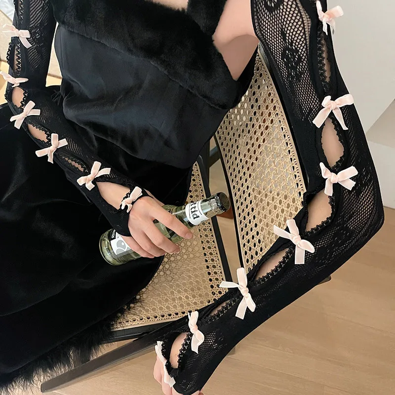 Set di maniche a scialle in un pezzo con fiocco in pizzo Guanti da sposa da ballo in rete da donna Accessori per le mani Guanti sexy in rete floreale scavati