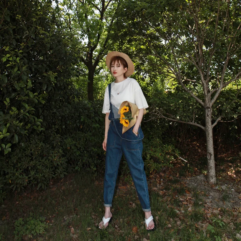 

Slimming Denim Overalls Women's Pure Color Large Pockets Straight Leg Soft Thin Jeans Overalls Quality Anti-Aging Tool