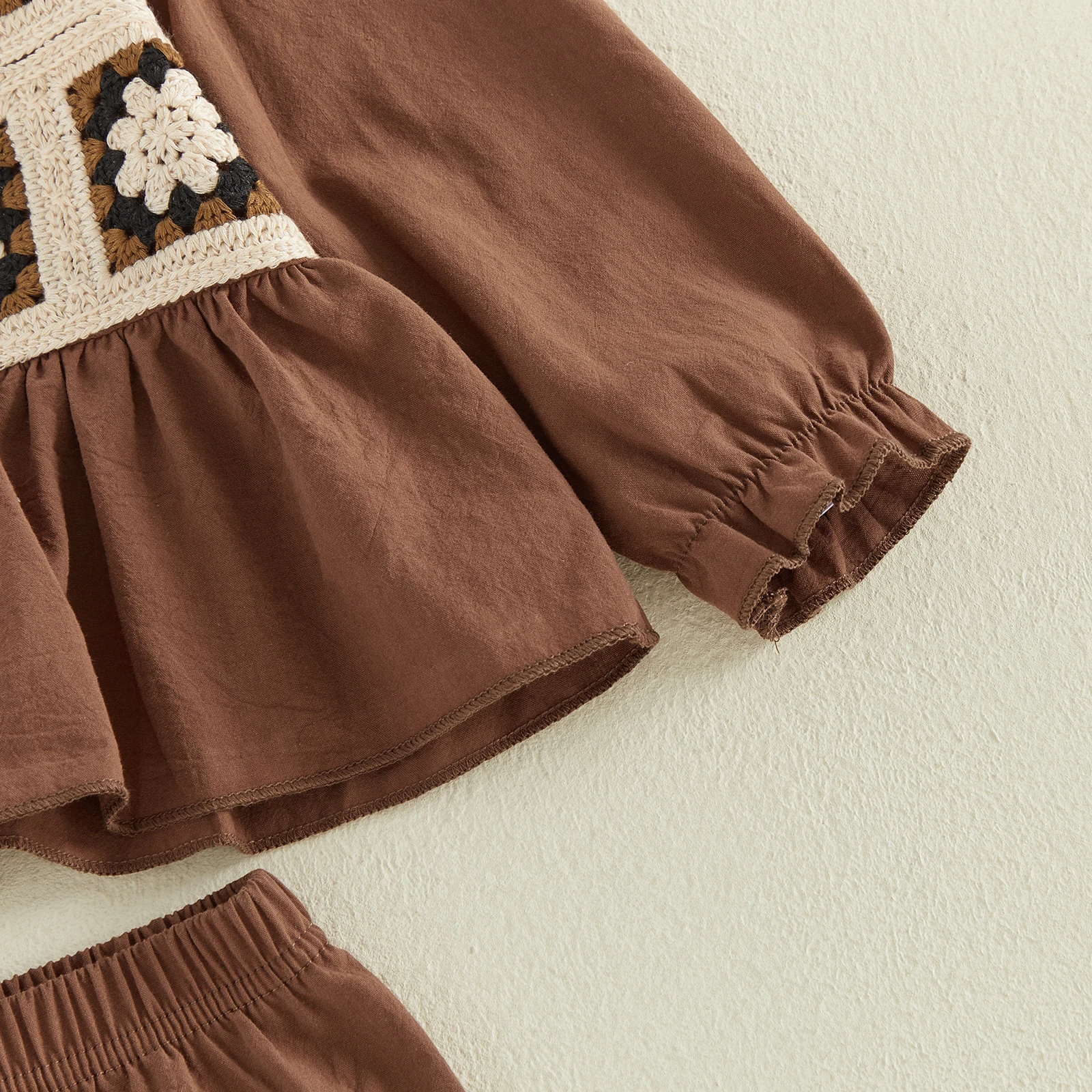Toddler Girl Fall Outfits Crochet Totem Long Sleeve Square Neck Tops Elastic Waist Long Pants 2 Pcs Set