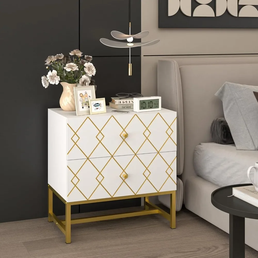 Night Stand Set 2 with Charging Station Nightstand with 2 Drawers Modern Bed Side Tables Wood End Table with Gold Line