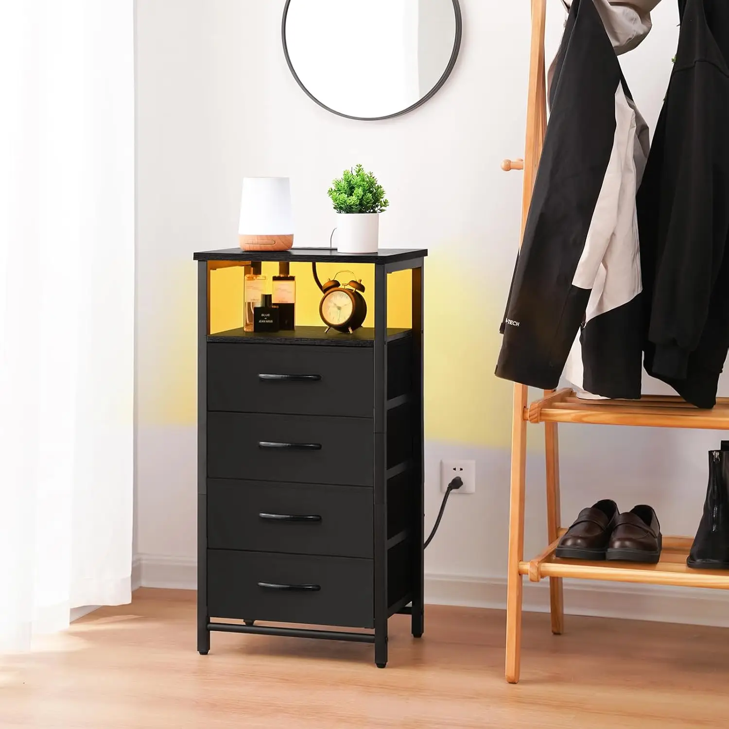 Yoobure Night Stand - Led Black Nightstand With Charging Station, Bedside Table With 4 Storage Drawers And Storage Shelf, End