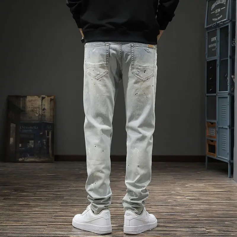 2026 New Washed White Ink-splashing Ripped Jeans Men's Slim Straight Light-colored Pants Spring Autumn Beggar Jeans Pants Men