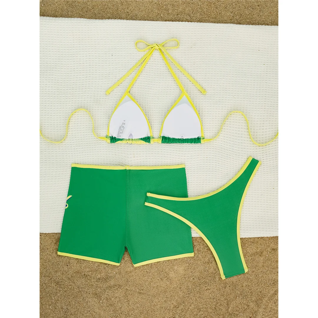 Neu mit Shorts, Flaggenmuster, Bikini, Damen-Badeanzug, dreiteiliges Bikini-Set, Damen-Bademode, Neckholder-Badeanzug, Badebekleidung, Schwimmbekleidung V7600 – Detail 3
