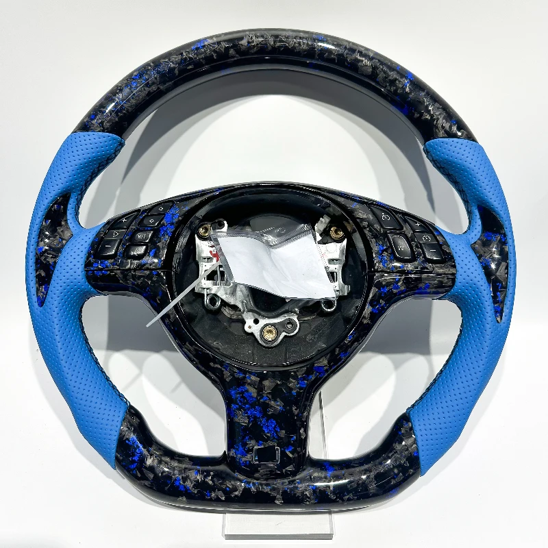 Flat-bottomed sporty blue forged carbon fiber steering wheel for BMW E46 3 Series