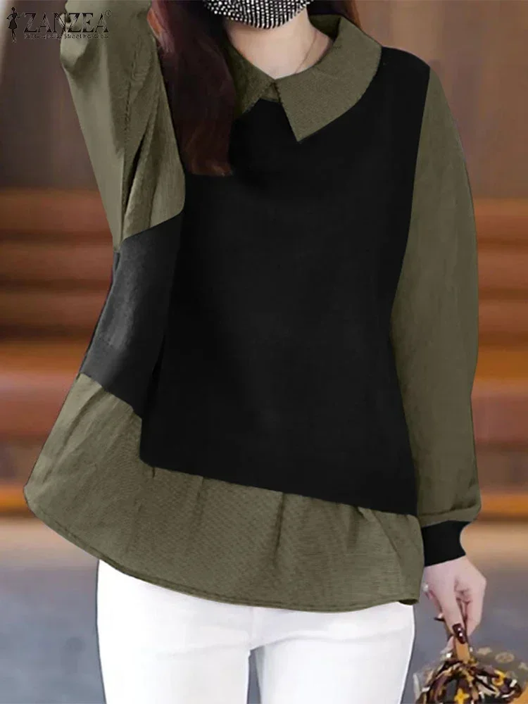 

ZANZEA Women Fashion Colorblock Shirts 2025 Summer Long Sleeve Blouse Fake 2PCS Vintage Tops Casual Loose Lapel Collar Tunics