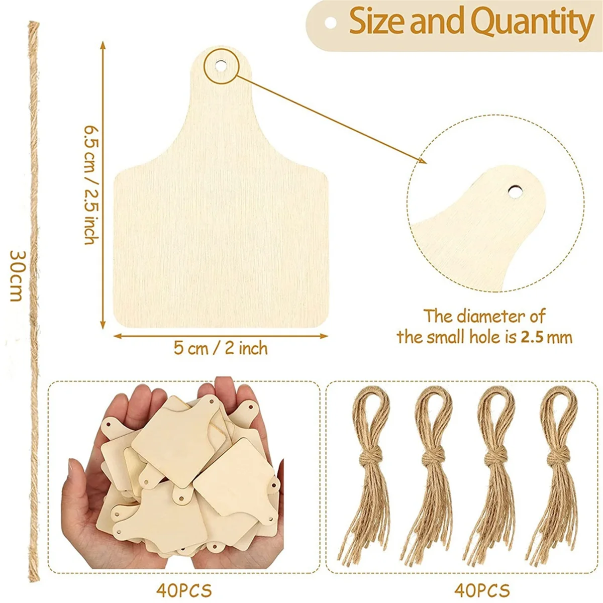 목제 암소 귀 태그 장식, DIY 블랭크 미완성 목재 라벨 장식, 공예품 걸이용, 40 개 페인트