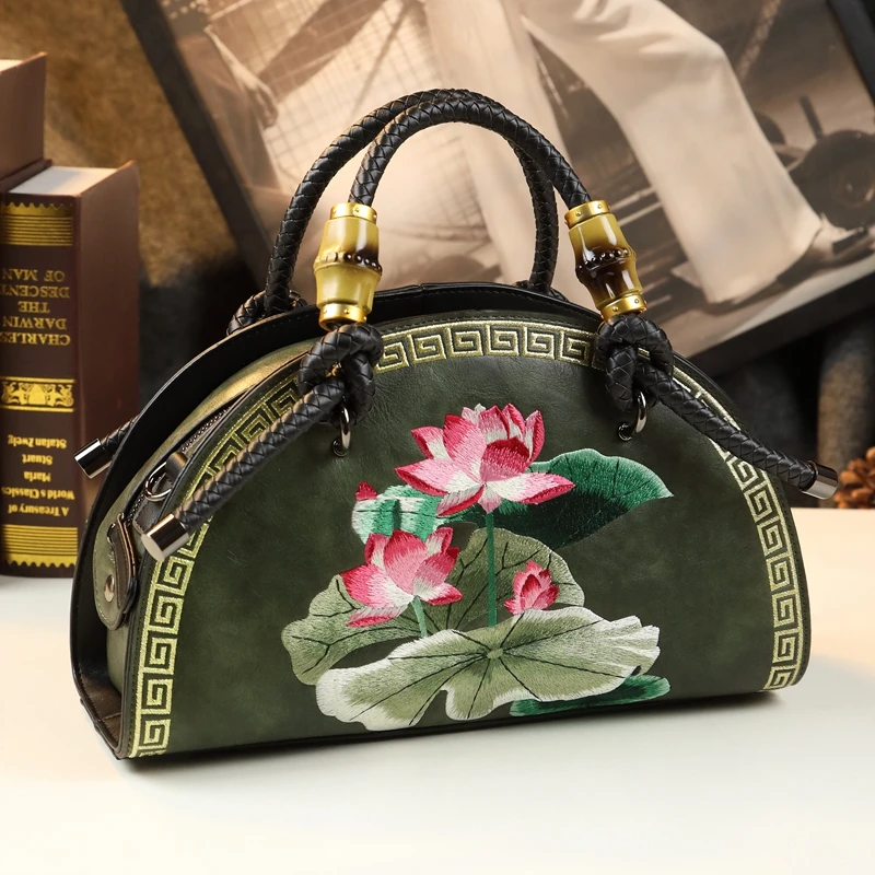 Vintage Leather Women Handbag Fashion Female Flower Embroidery Bag Mother Shoulder Messenger Bag Cowhide Portable Shell Bags