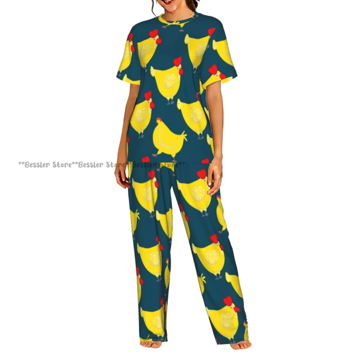 Hen Cartoon Character Rooster Illustration Pajamas Set Short-sleeved Women Home Clothing