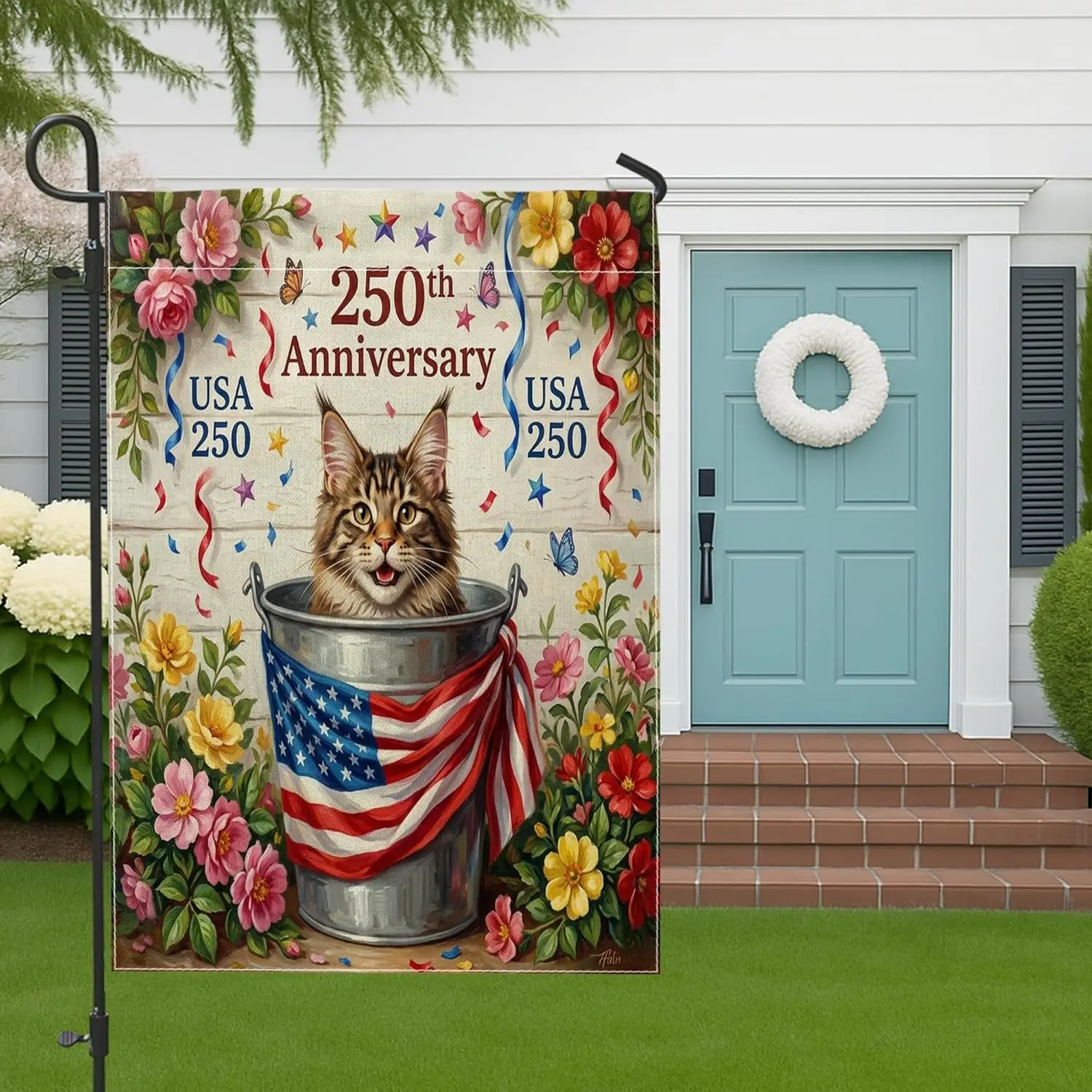 250 Years Maine Coons Cats Garden Flags 12x18 Inch for Outside, 4th of July Wood Pattern Standard Linen House Flags, America AAS