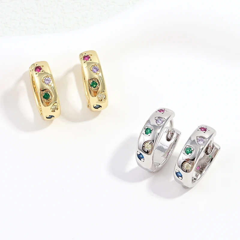 18K Gold-Plated Brass Colorful CZ Huggie Hoop Earrings, Fashion Multicolor Crystal Jewelry For Women Daily Wear:VE1826