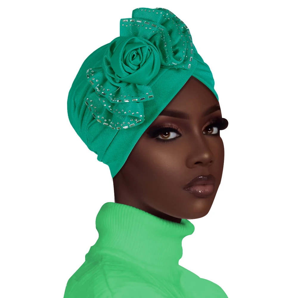 

Indian Flower Diamonds Turban Pleated Hijab Hat Women Chemo Cap Muslim Bonnet Beanies Bonnet African Islamic Hair Loss Turbante