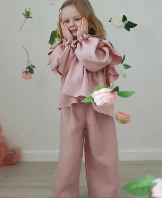 Girls Set 2026 New Russian Spring and Autumn Girls Linen American Ruffle Blouse Nine Leg Pants Two Piece Set