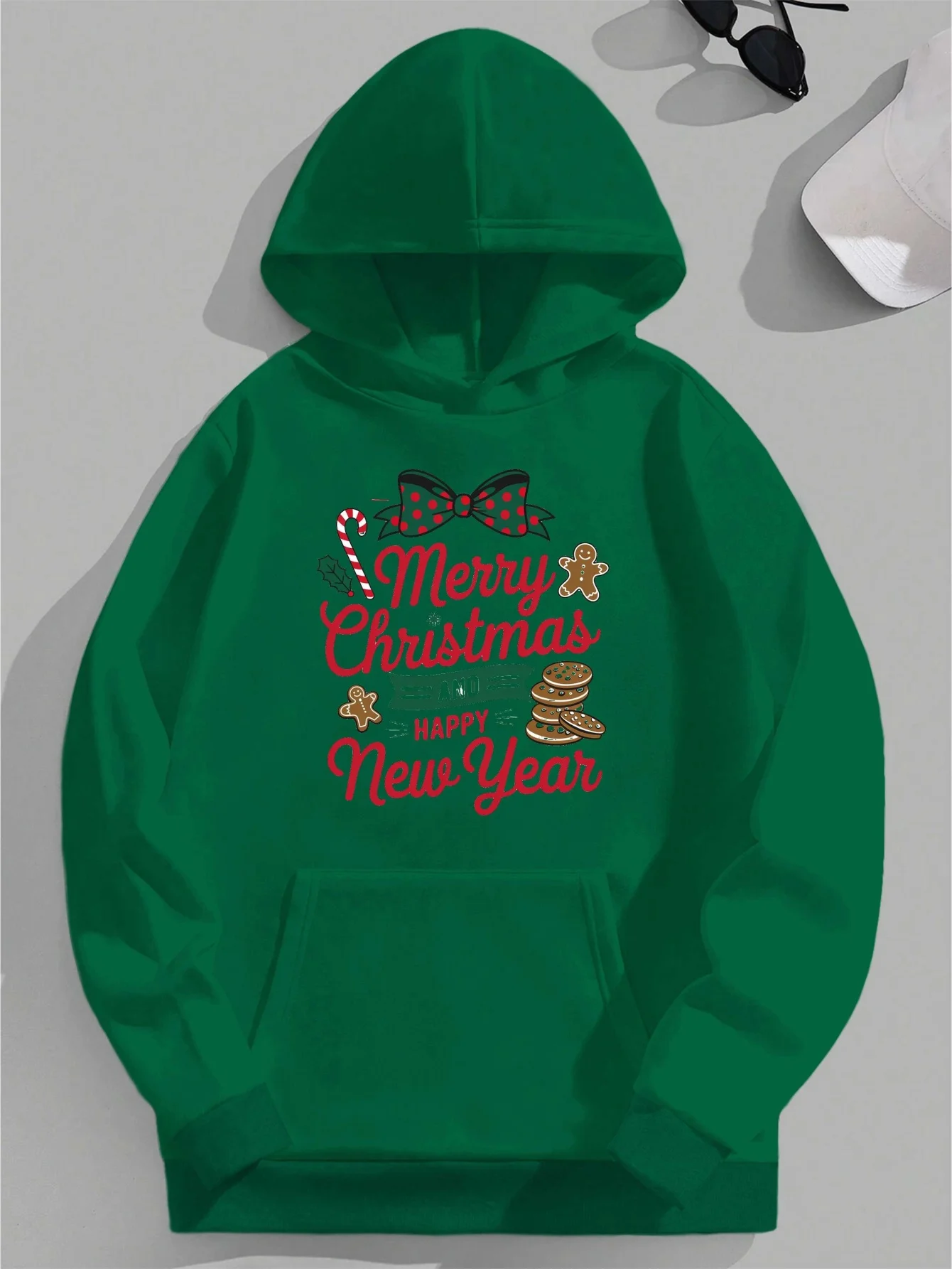 Merry Christmas Happy New Year Women's Plus Size Hoodies, Casual Outfit, Seasonal Clothing, Relaxed Fit, Geometric Print, Warm