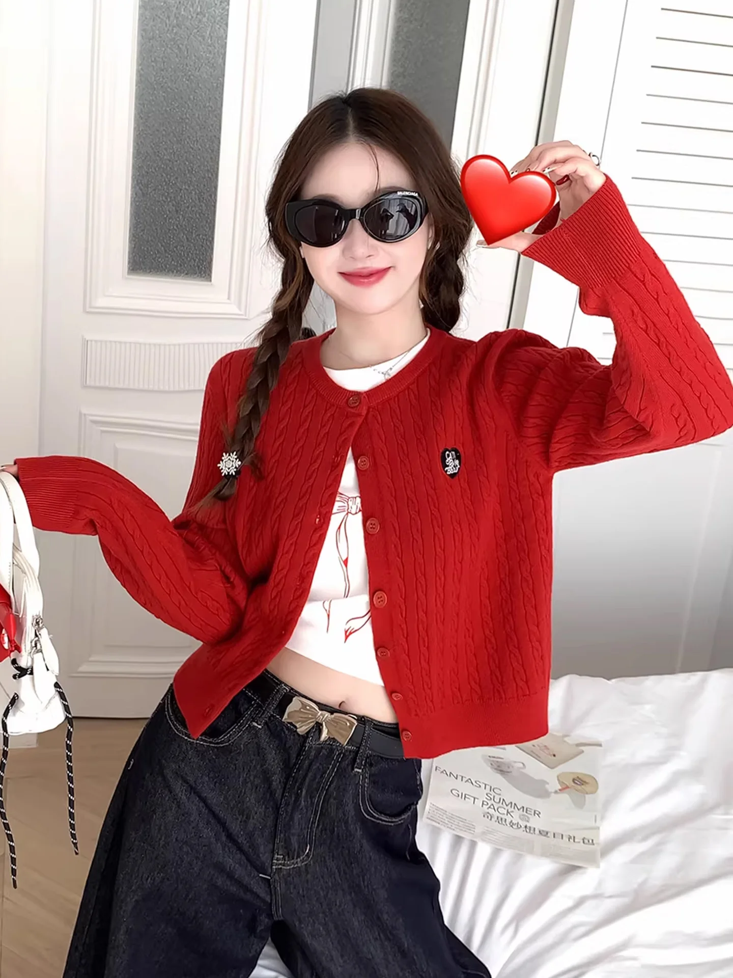 

Red Knitted Cardigan Women's Spring Love Knot Sweater Jaet 2026 New Year's Faion High-End Feeling Top Korean Sle Long S...