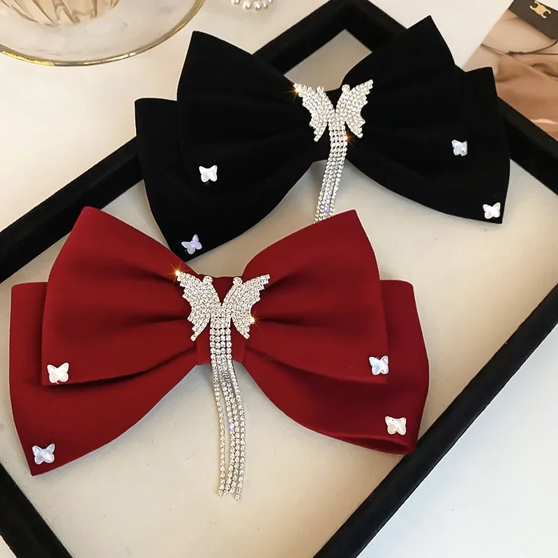 Luxury Flocking Bowknot Rhinestone Butterfly Tassel Hairpin Hair Clips for Women Fashion Temperament Bride Hair Accessories