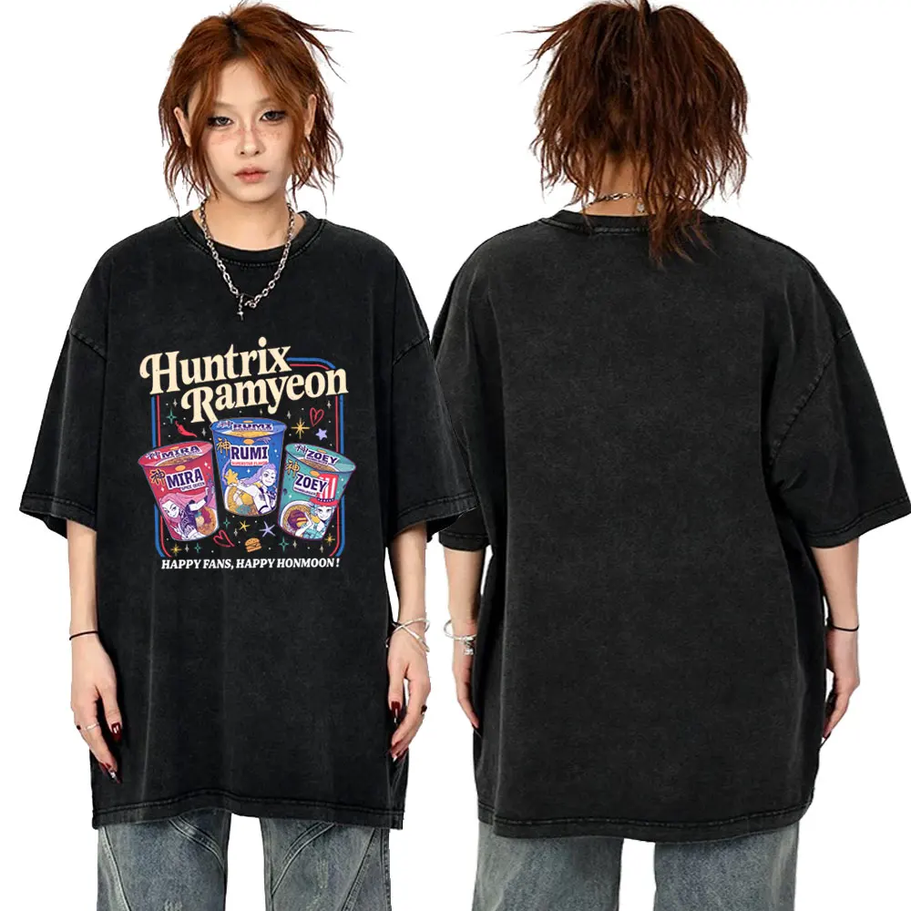 

Movie Kpop Demon Hunters Rumi Mira Zoey Ramen Washed Vintage T-shirt Unisex Casual Cotton T Shirts Men Cartoon Fashion Tshirt